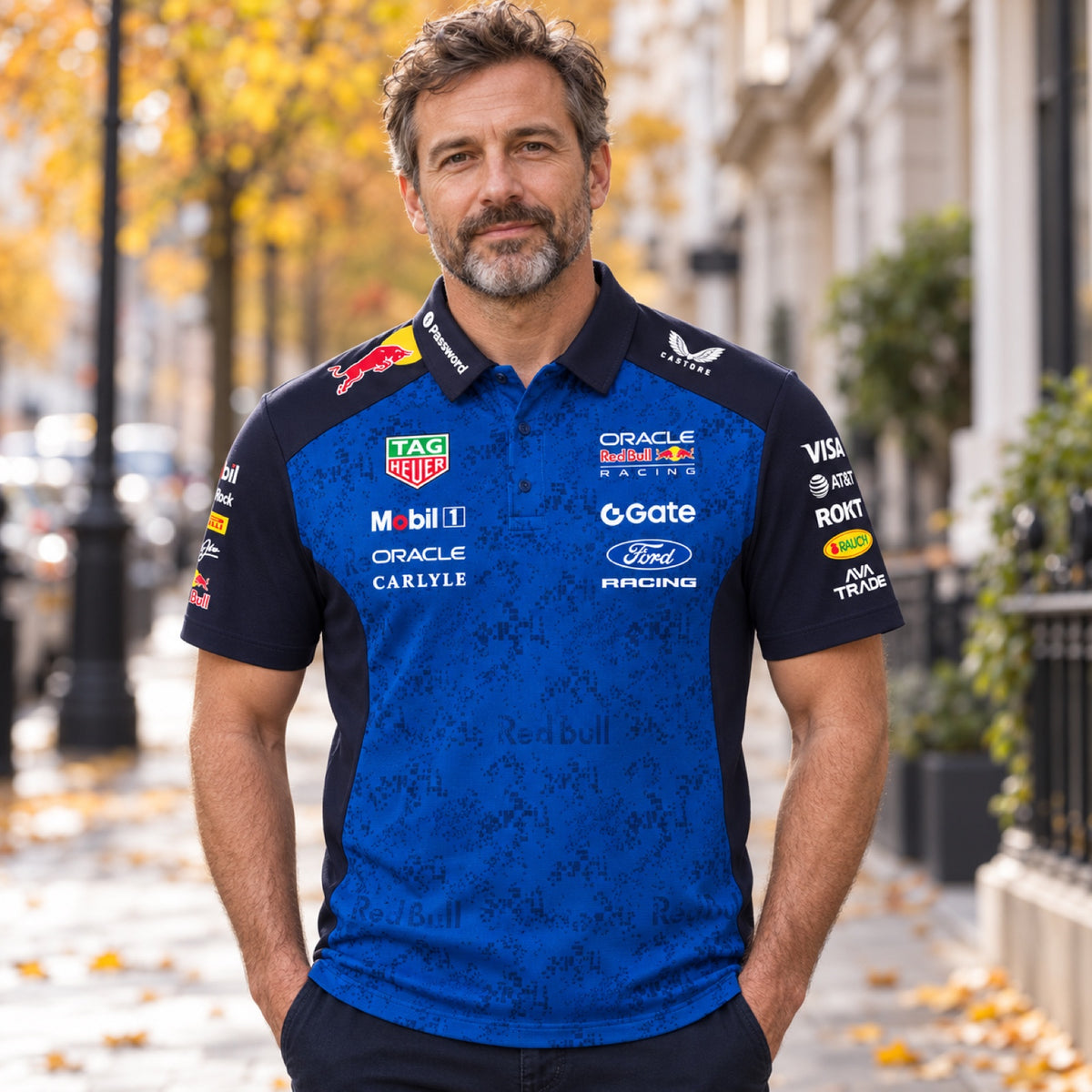 Oracle Red Bull Racing Team-Poloshirt mit Sponsorenlogos – Illustrationsfoto (KI)