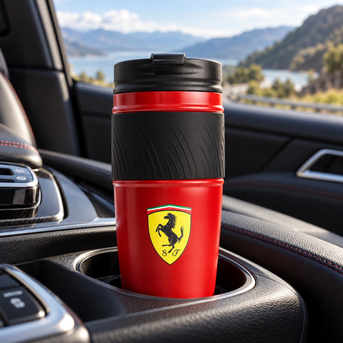 Scuderia Ferrari F1 Thermobecher mit Logo – Illustrationsfoto (KI)