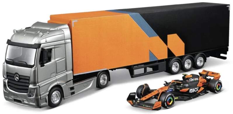 Modell McLaren MCL38 BBurago #4 Lando Norris 2024 mit Mercedes-Truck