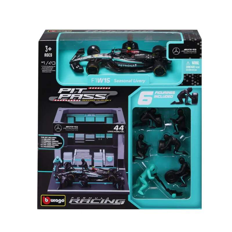 Modell Bburago Mercedes F1 1:43 Lewis Hamilton mit Boxenmodell