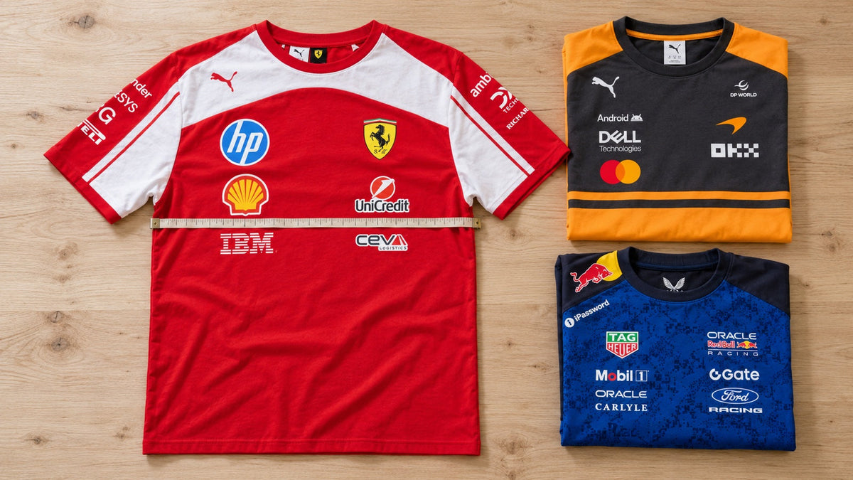 Größentabellen für F1- und MotoGP-Teambekleidung: Puma, Castore, Adidas und New Era – mit KI erstelltes Illustrationsbild