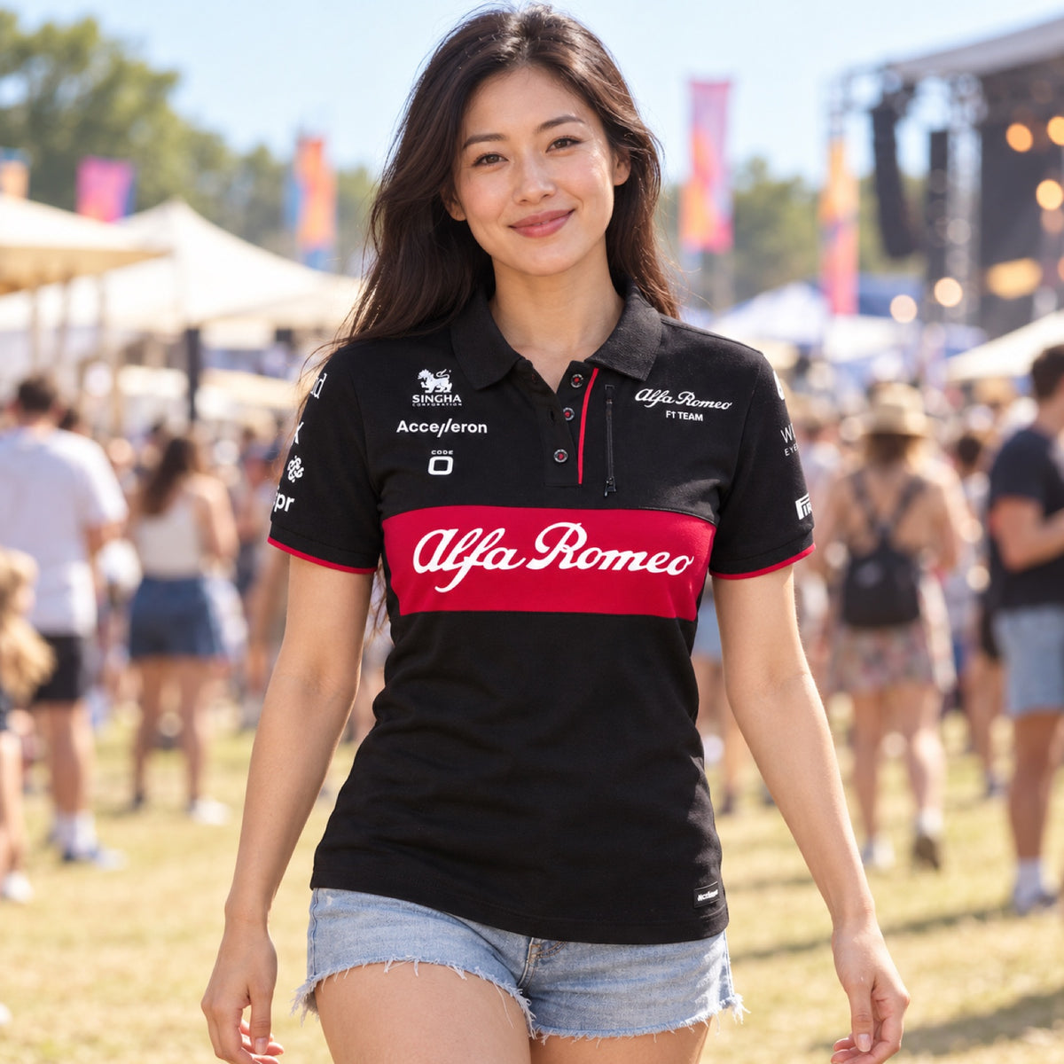 Alfa Romeo F1 Team Damen-Team-Poloshirt – Schwarz – Illustrationsfoto (KI)