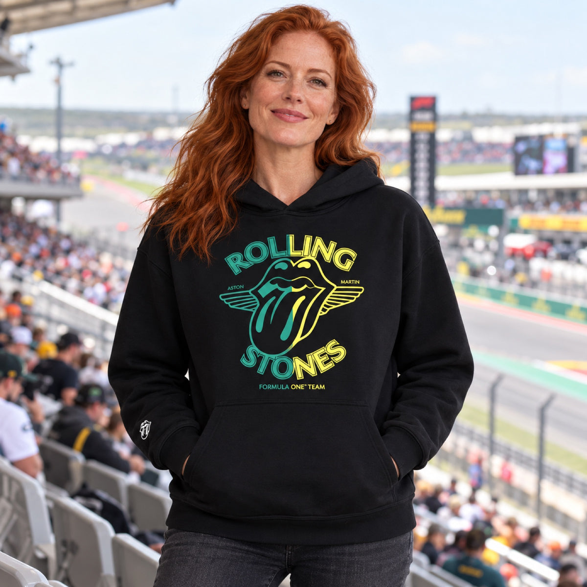 Aston Martin F1 Team Fan-Hoodie – Rolling Stones Edition – Illustrationsfoto (KI)