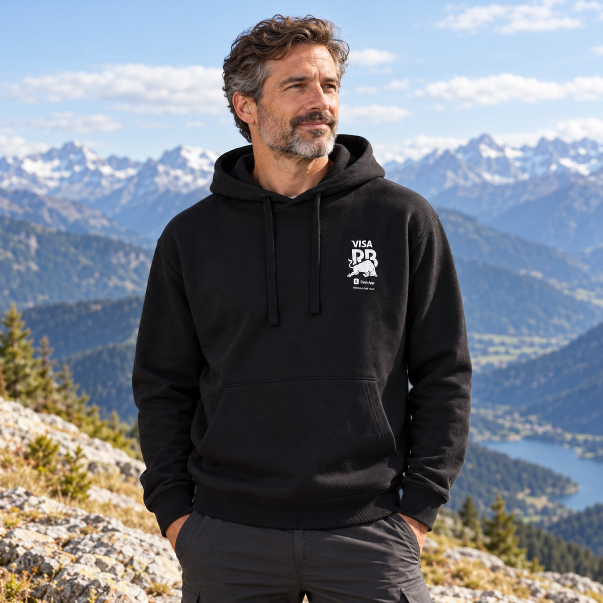 HUGO x Visa Cash App RB Casual Hoodie with BULL Motif – Black – illustrative photo (AI)