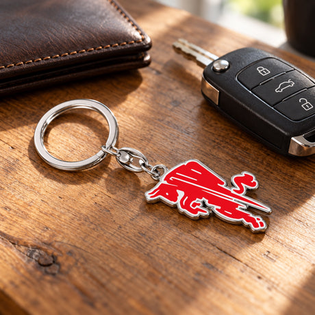 Red Bull Metall-Schlüsselanhänger – Dynamic Bull – Illustrationsfoto (KI)