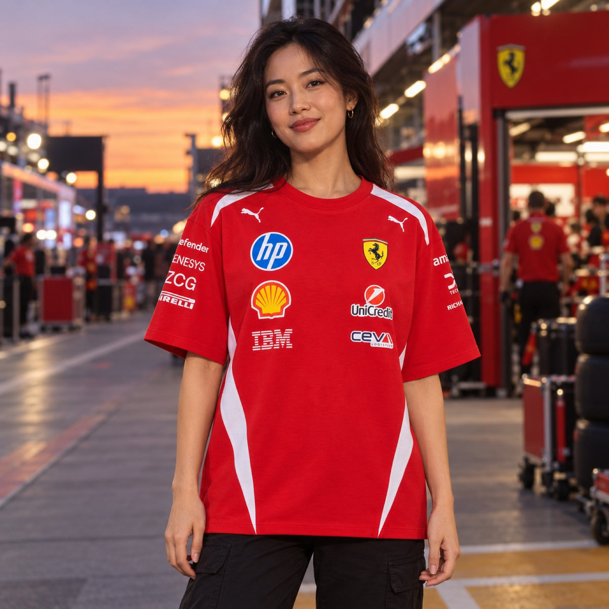 Scuderia Ferrari F1 x Puma T-Shirt mit Sponsorenlogos – DRIVERS Edition – Illustrationsfoto (KI)