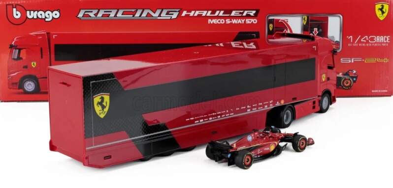 Modell Scuderia Ferrari SF-24 Bburago #16 Charles Leclerc 2024 mit Iveco-Truck